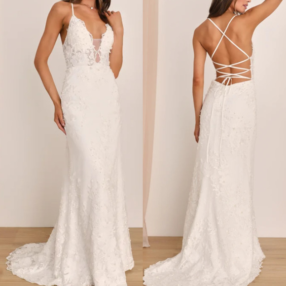 LULU'S SZ 8 Ivory Enchanting Eternity Pearl Lace-Up Backless Maxi… - Picture 1 of 11